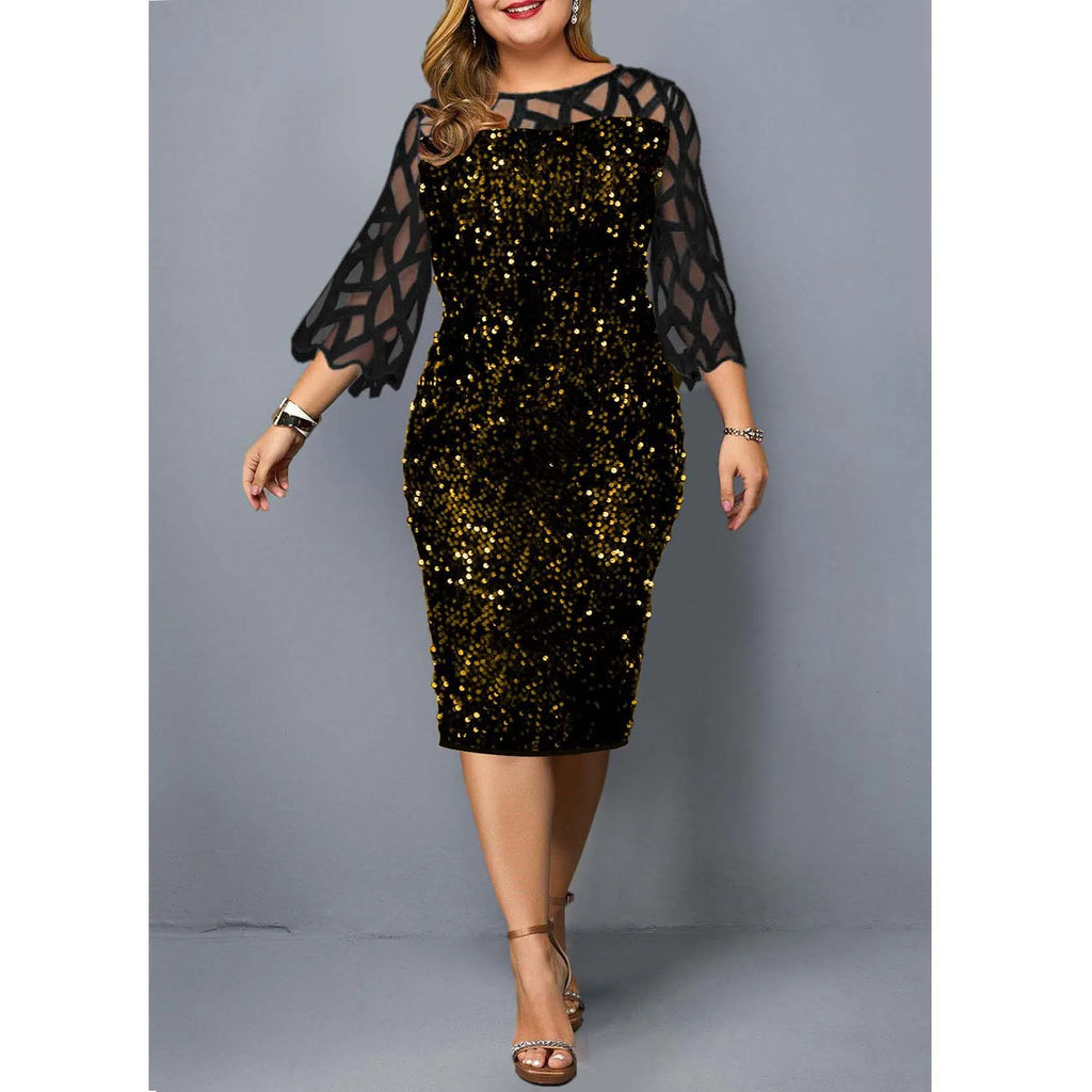 Robe Midi Sequins — Manches Courtes, Silhouette Une Ligne, Style Soirée