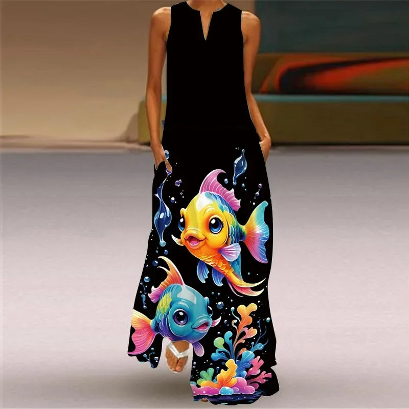 Robe Longue Imprimée Artistique — Col en V, Sans Manches, Poche, Longueur Sol
