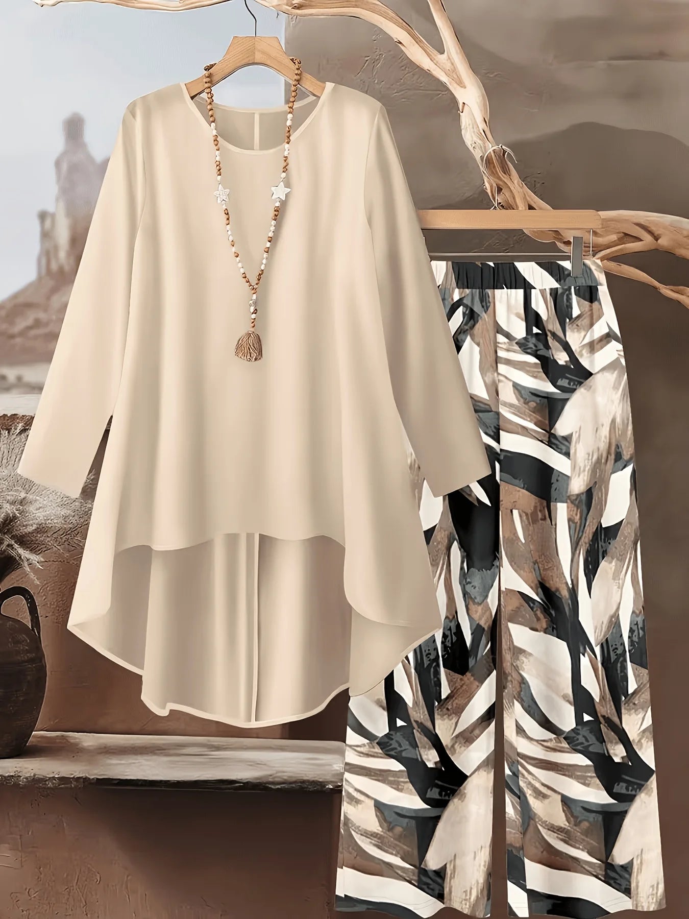 Ensemble 2 Pièces Floral — Haut Manches Longues & Pantalon Jambes Larges