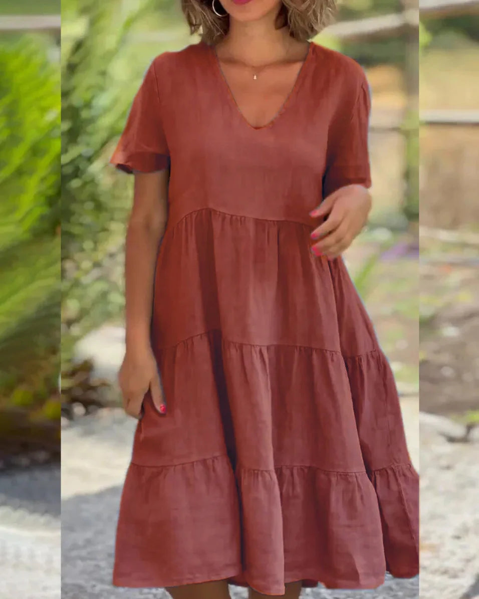 Robe Décontractée Col en V — Manches Courtes, Lin & Fibre, Longueur Genou, Silhouette Une Ligne