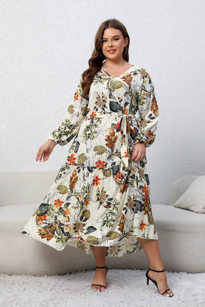 Robe Longue Florale Abricot – Ceinturée, Col V & Manches Longues