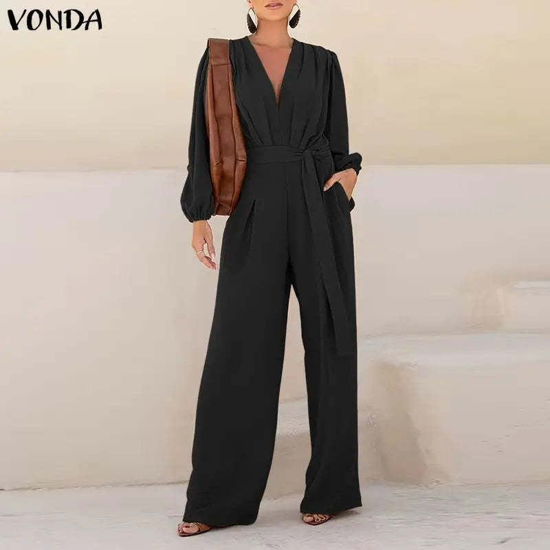 Combinaison Manches Longues Plissées — Col Revers, Ceinture, Pantalon Cheville