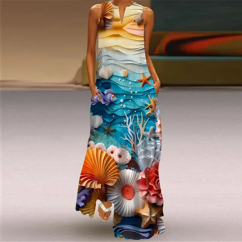 Robe Longue Imprimée Artistique — Col en V, Sans Manches, Poche, Longueur Sol