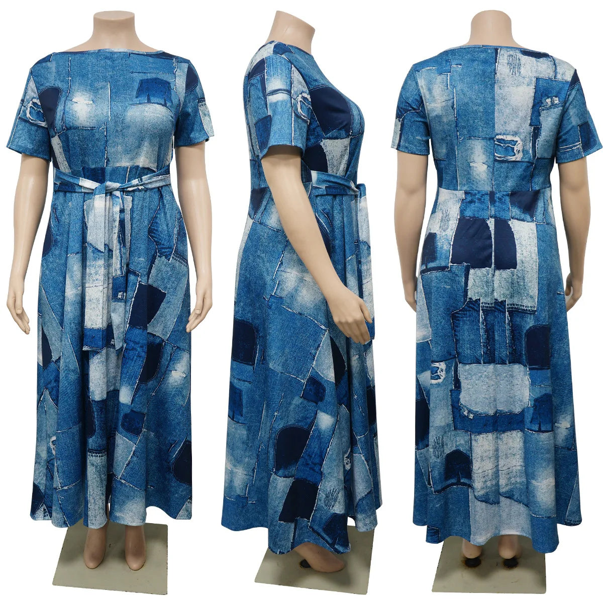 Robe Longue Imprimée — Col Rond, Manches Courtes, Longueur Cheville