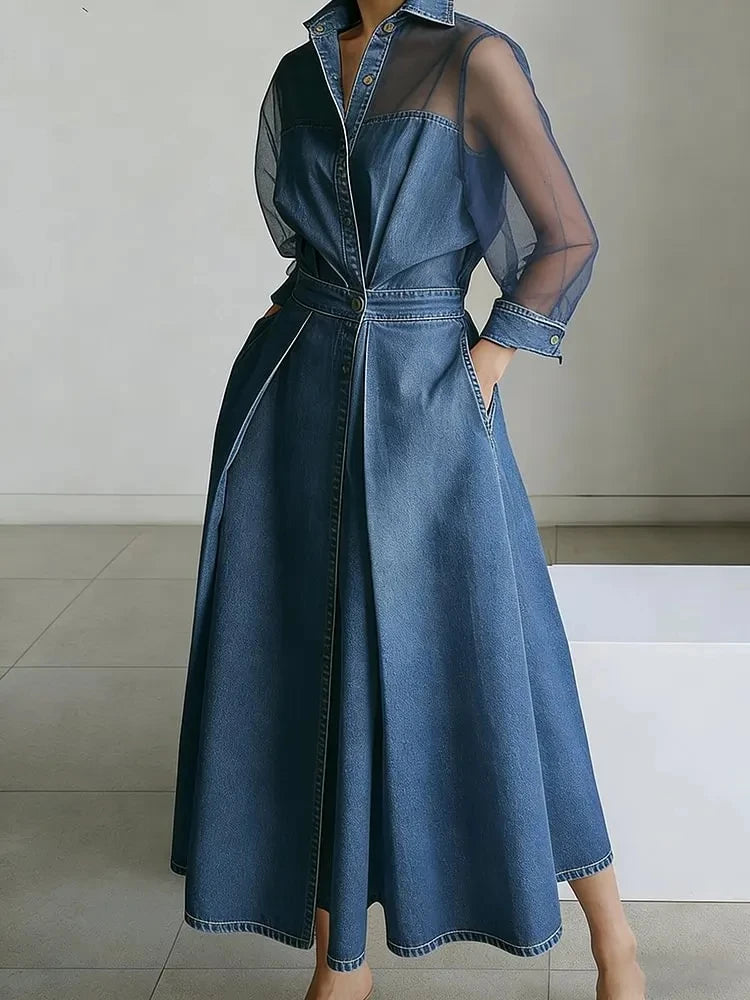 Robe Trapèze Style Jean — Col Rabattu, Manches Longues en Tulle, Boutons, Longueur Cheville