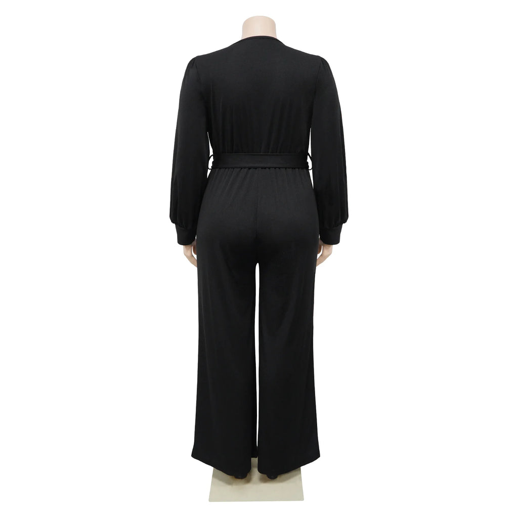 Combinaison Col en V & Ceinture — Écharpe, Jambes Larges, Pleine Longueur, Automne/Hiver