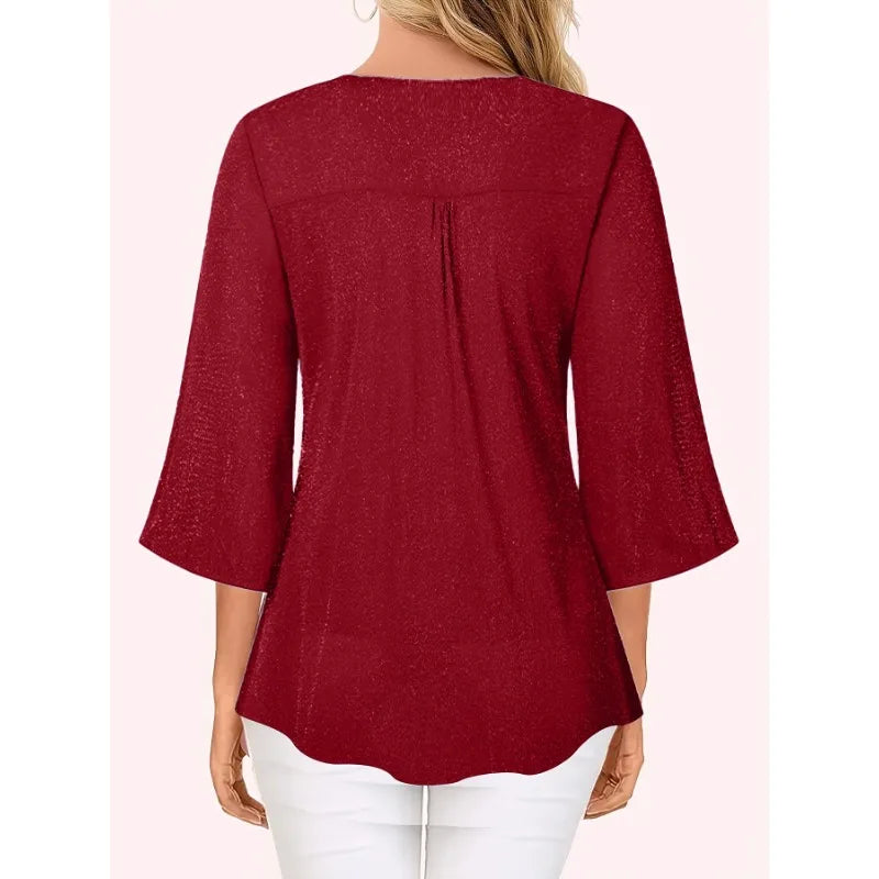 Chemise Ample Col en V — Manches 3/4 Évasées, Ouverture Totale, Coupe Régulière