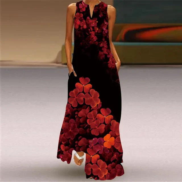 Robe Longue Imprimée Artistique — Col en V, Sans Manches, Poche, Longueur Sol