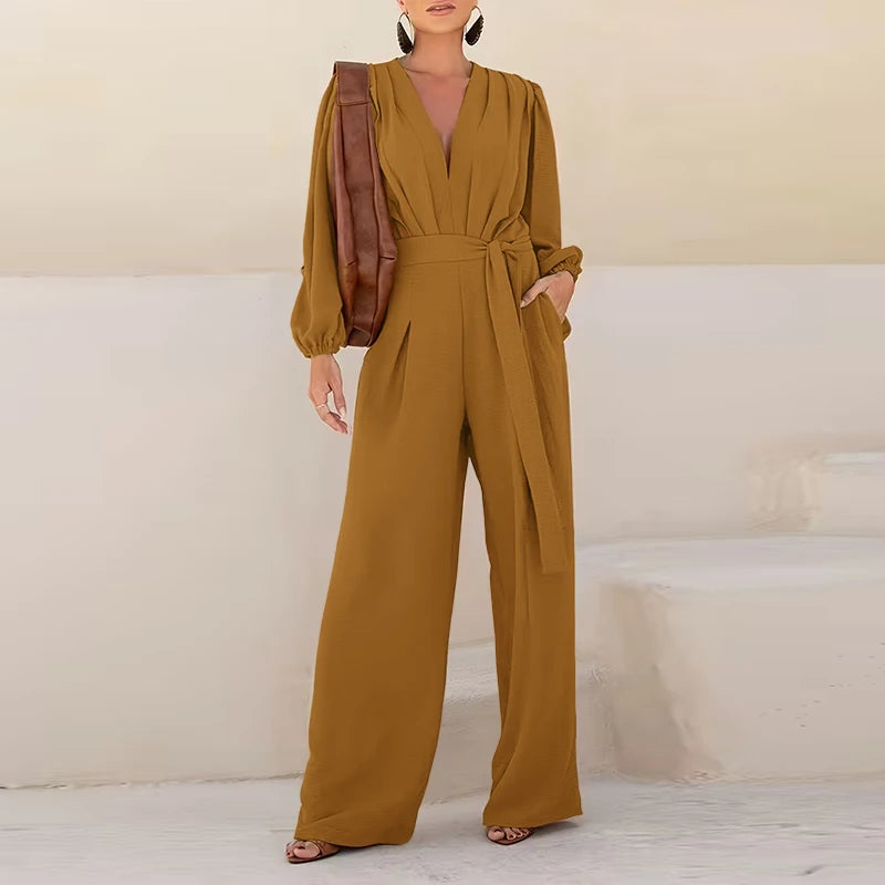 Combinaison Manches Longues Plissées — Col Revers, Ceinture, Pantalon Cheville