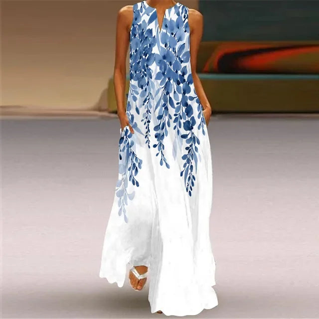 Robe Longue Imprimée Artistique — Col en V, Sans Manches, Poche, Longueur Sol