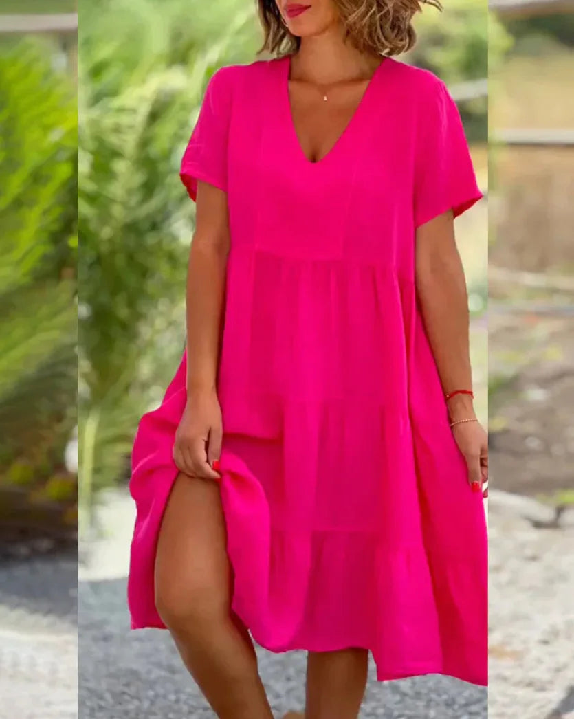 Robe Décontractée Col en V — Manches Courtes, Lin & Fibre, Longueur Genou, Silhouette Une Ligne