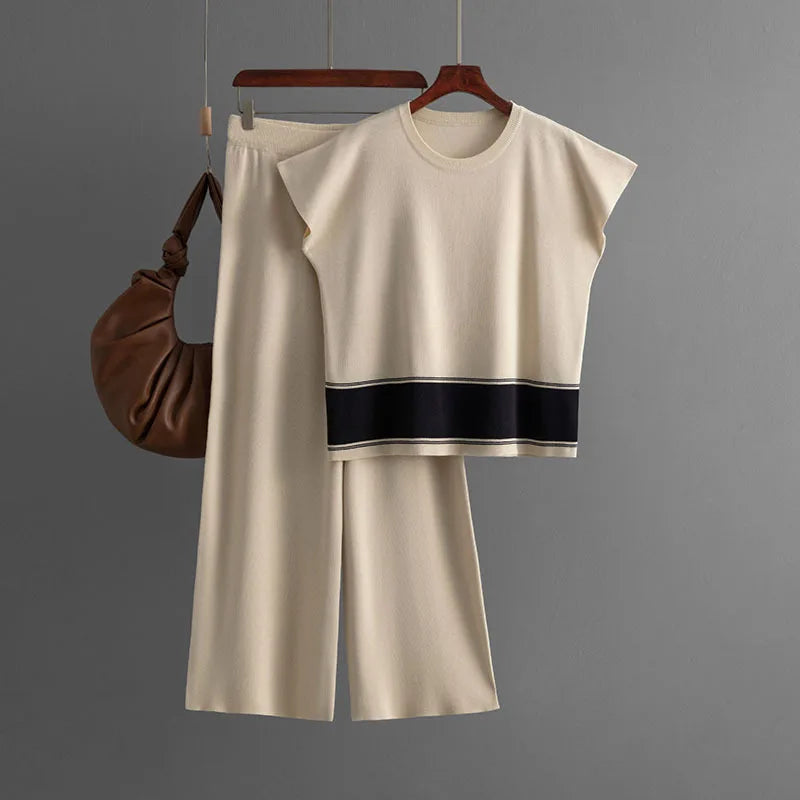 Ensemble 2 Pièces Tricot — Top Col Rond & Pantalon Jambes Larges