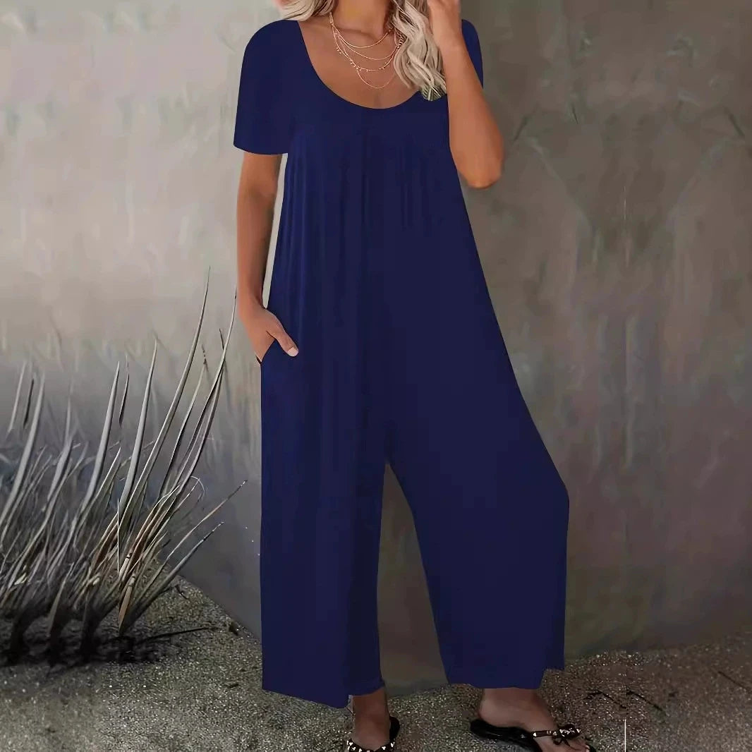 Combinaison Salopette Jambes Larges — Couleur Unie, Manches Courtes & Poches