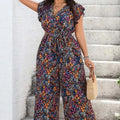 Combinaison Boho Florale Épaules Nouées — Col en V, Sans Manches, Jambes Larges