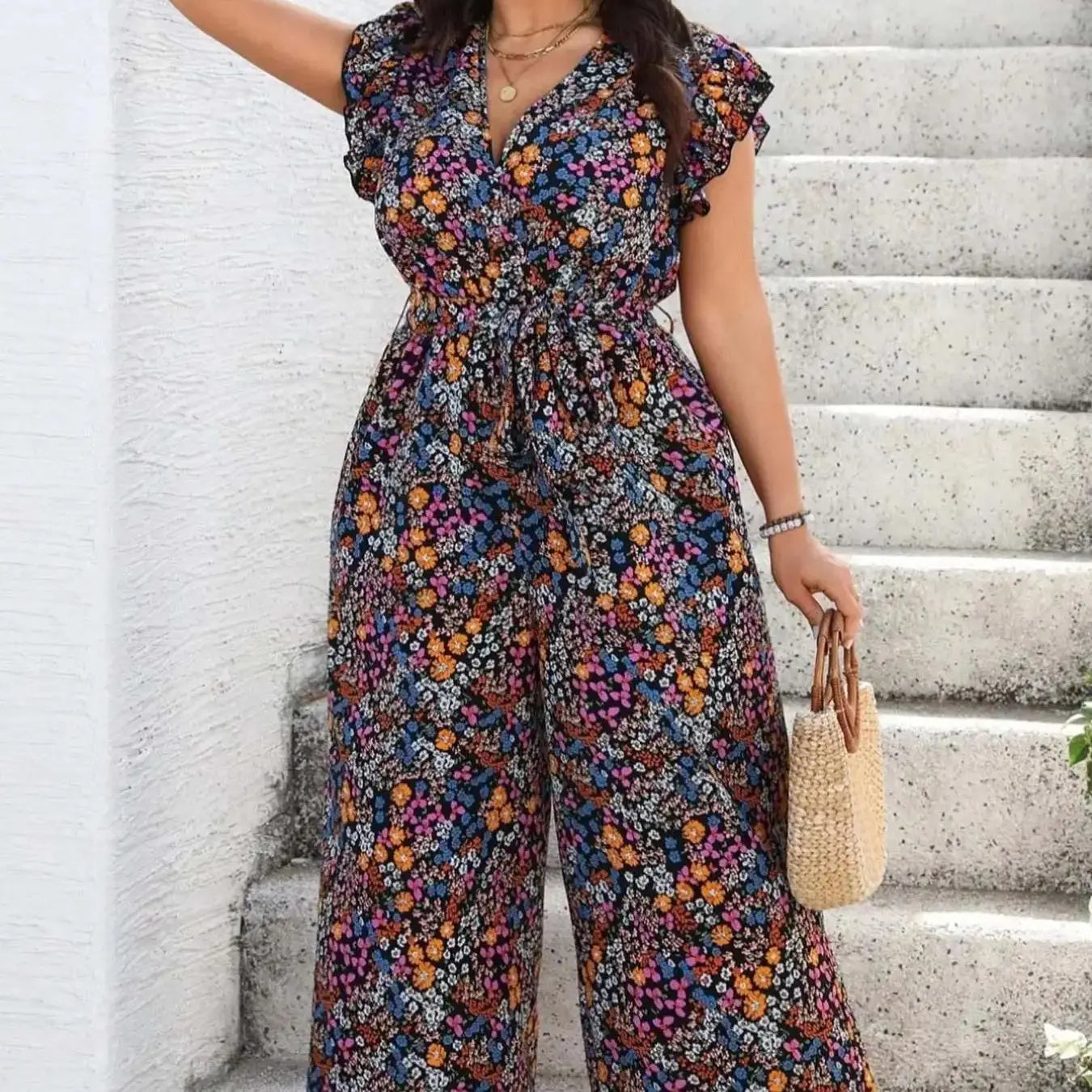 Combinaison Boho Florale Épaules Nouées — Col en V, Sans Manches, Jambes Larges