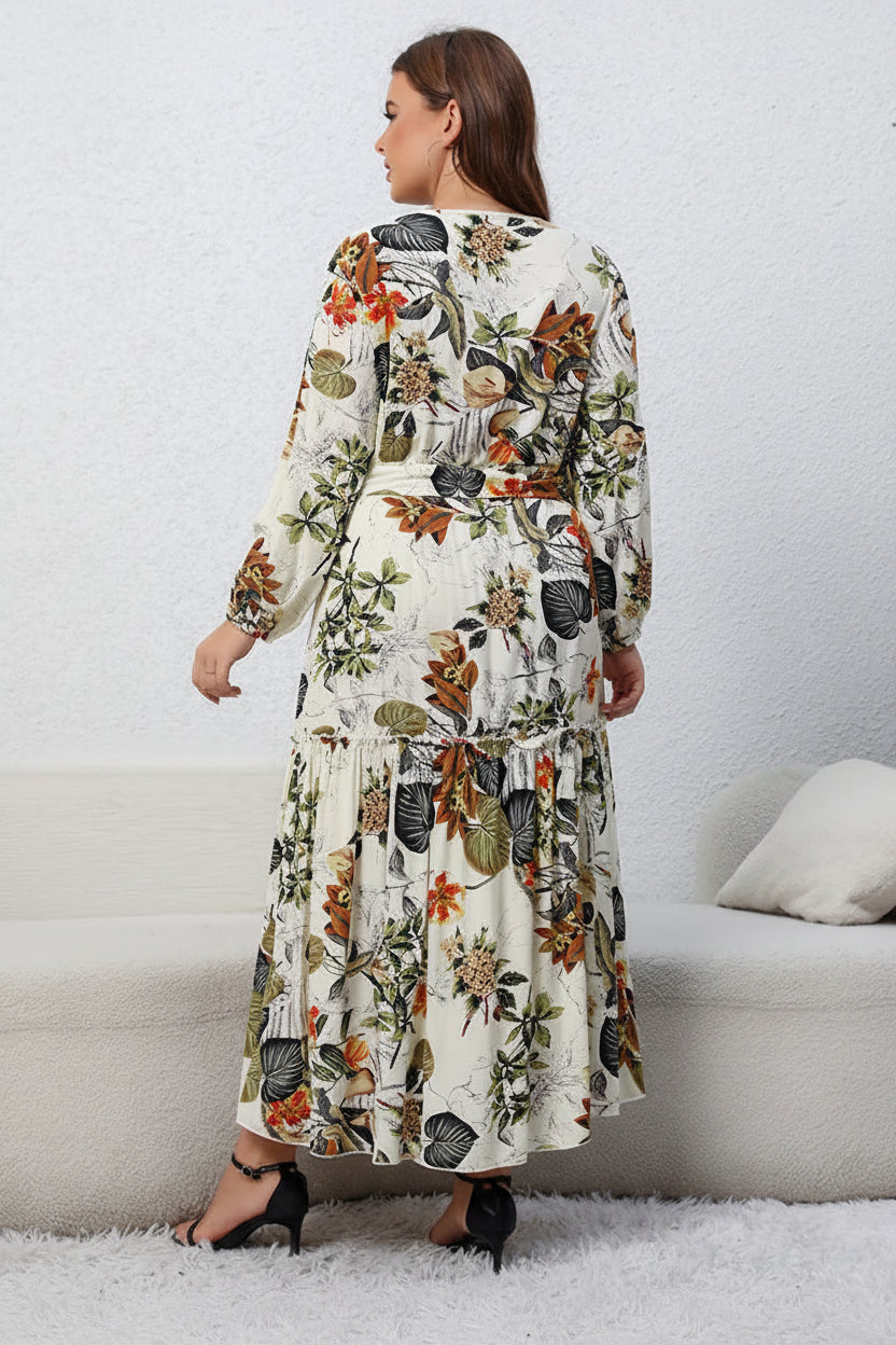 Robe Longue Florale Abricot – Ceinturée, Col V & Manches Longues