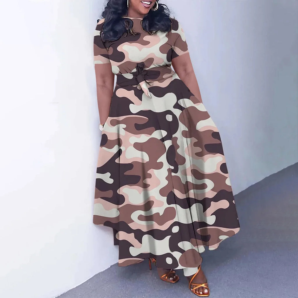 Robe Longue Imprimée avec Ceinture — Col Rond, Manches Courtes, Longueur Cheville