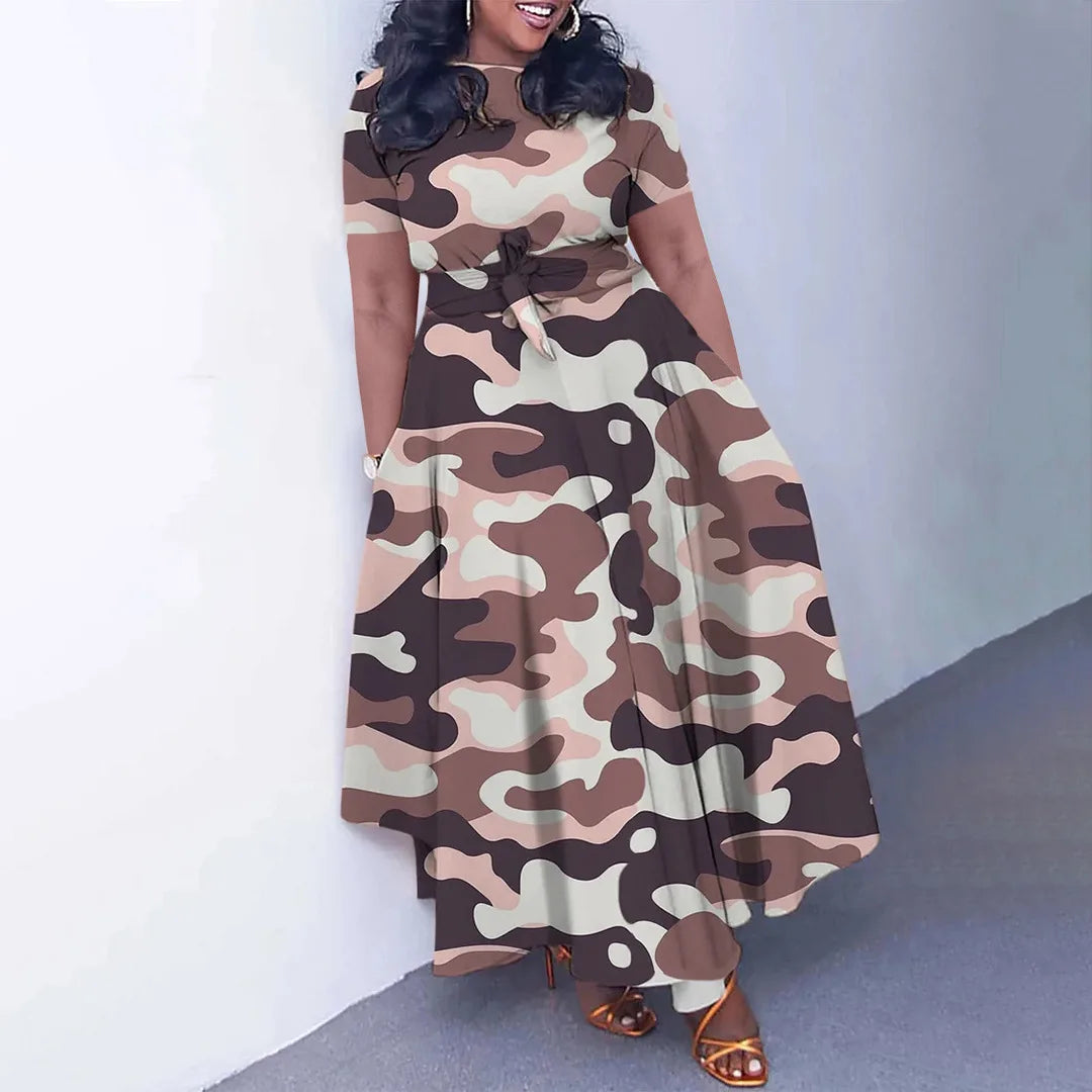 Robe Longue Imprimée avec Ceinture — Col Rond, Manches Courtes, Longueur Cheville