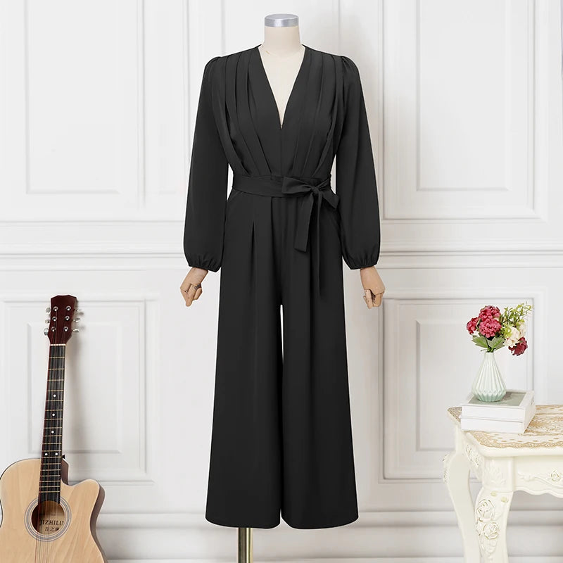 Combinaison Manches Longues Plissées — Col Revers, Ceinture, Pantalon Cheville