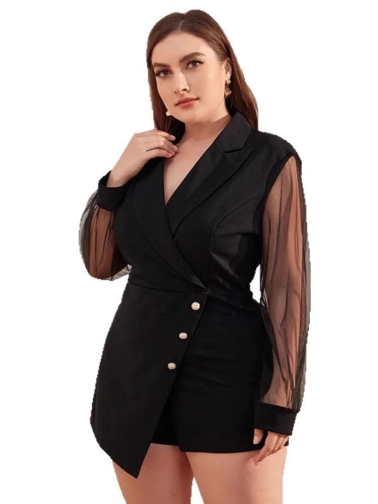 Combinaison Blazer — Col en V, Double Boutonnage, Pantalon Croisé, Manches Tulle