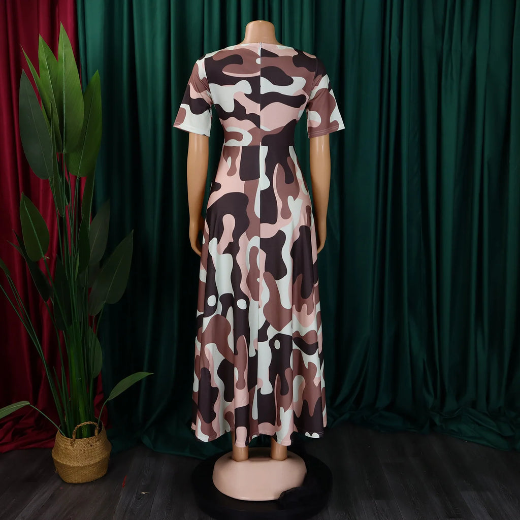 Robe Longue Imprimée avec Ceinture — Col Rond, Manches Courtes, Longueur Cheville
