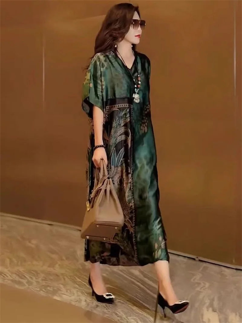 Robe Longue Rétro — Col en V, Imprimé Floral & Poche