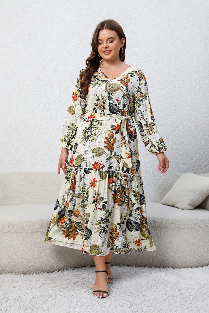 Robe Longue Florale Abricot – Ceinturée, Col V & Manches Longues