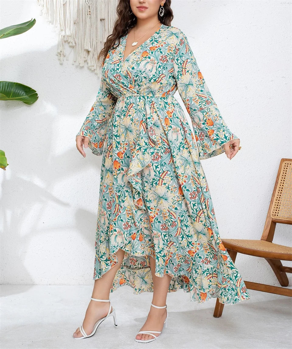 Robe Longue Asymétrique Florale Vert Sauge – Col V & Manches Évasées