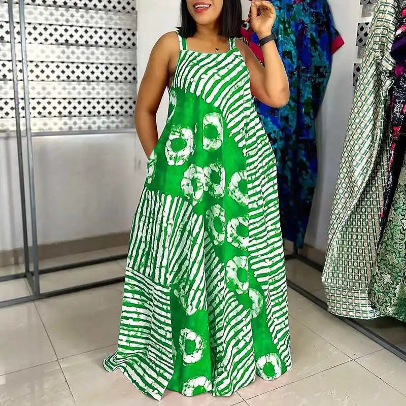 Robe Maxi Bohème Imprimée — Col Carré, Sans Manches, Longueur Cheville