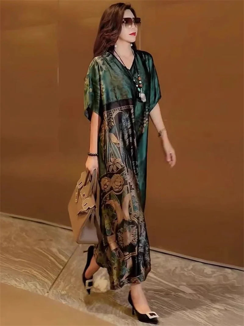 Robe Longue Rétro — Col en V, Imprimé Floral & Poche