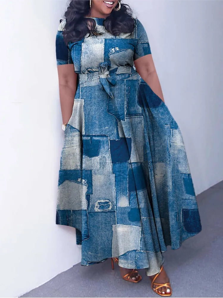 Robe Longue Imprimée — Col Rond, Manches Courtes, Longueur Cheville