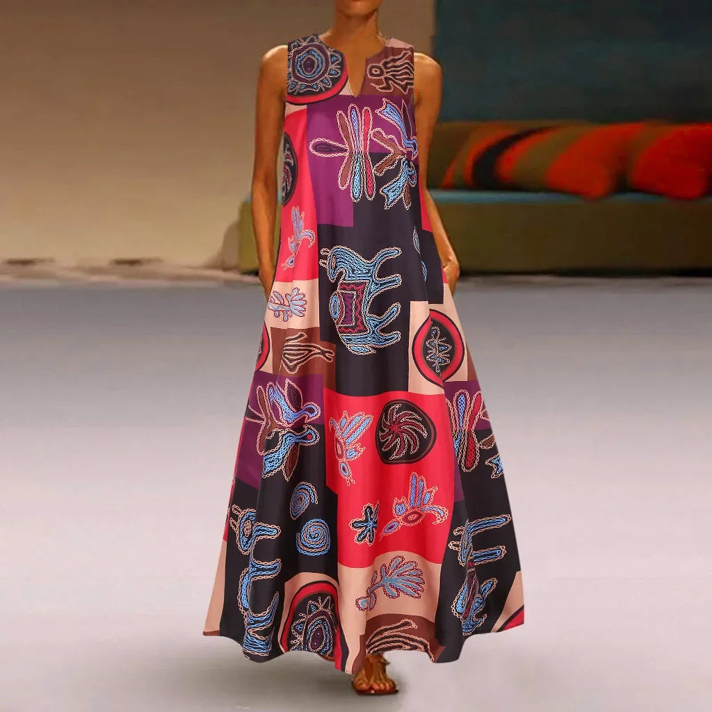 Robe Longue Imprimée Artistique — Col en V, Sans Manches, Poche, Longueur Sol
