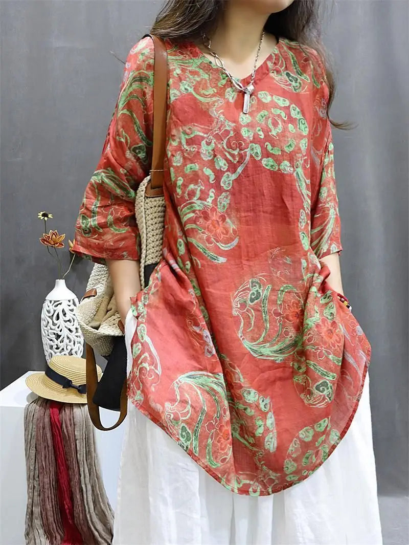 Chemise Mi-Longue Style Chinois — Col Mandarin, Manches Courtes, Imprimé Floral, Coupe Lâche