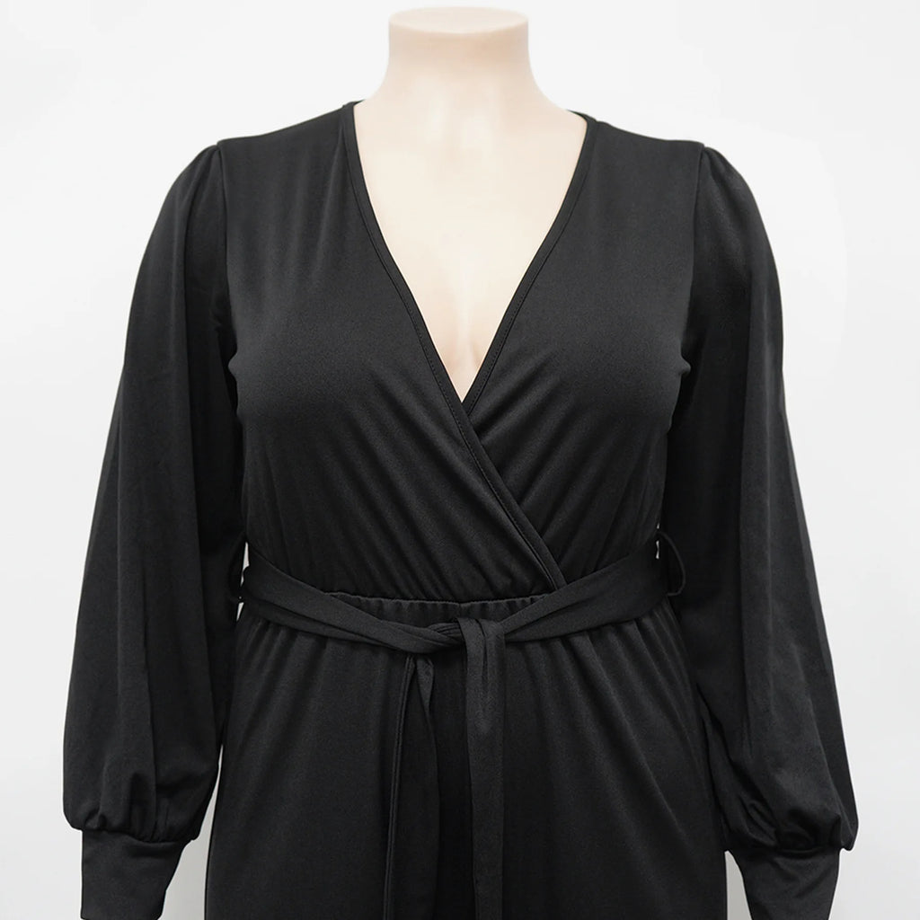 Combinaison Col en V & Ceinture — Écharpe, Jambes Larges, Pleine Longueur, Automne/Hiver
