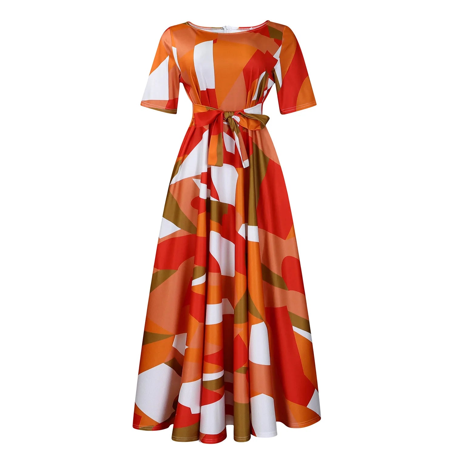 Robe Longue Imprimée avec Ceinture — Col Rond, Manches Courtes, Longueur Cheville
