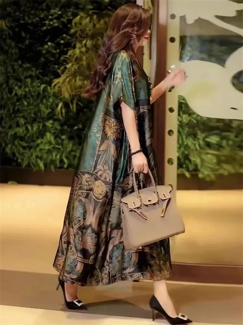 Robe Longue Rétro — Col en V, Imprimé Floral & Poche