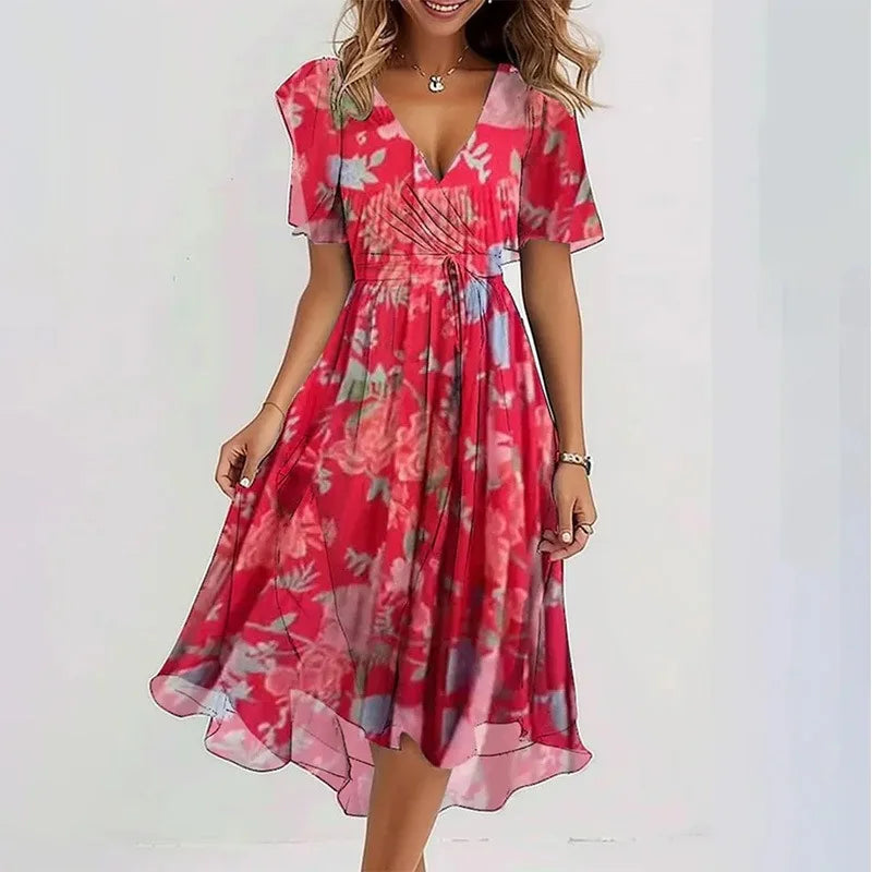 Robe Mini Plissée Imprimée — Col en V, Appliques, Coupe Ajustée