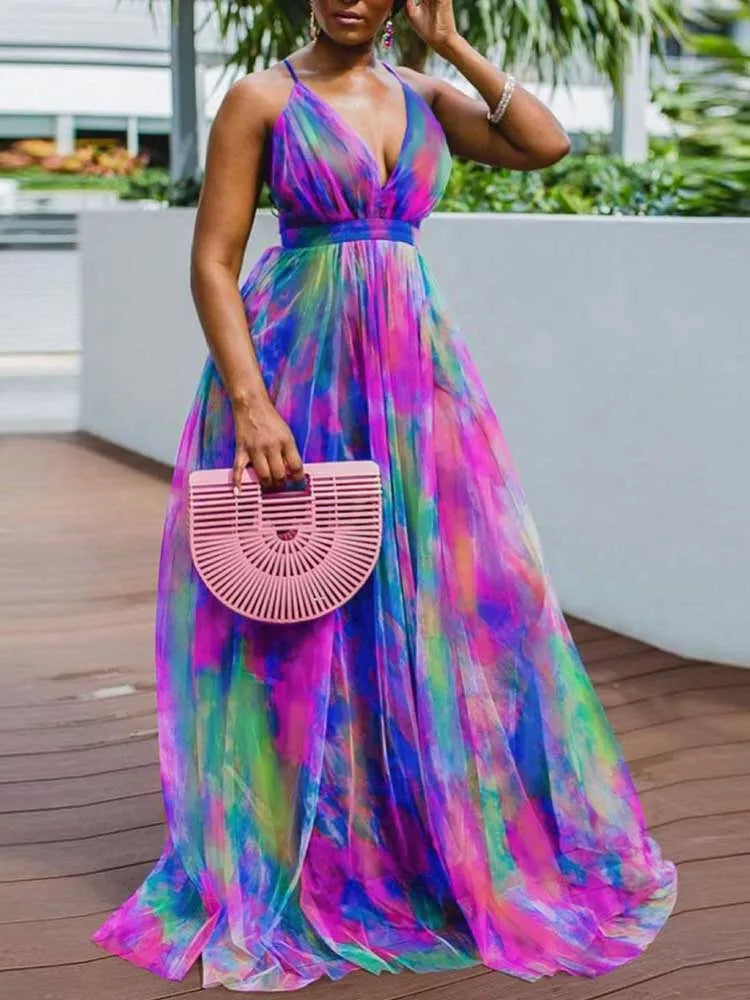Robe Longue Dos Nu — Col en V, Imprimé Tie-Dye & Ourlet en Maille