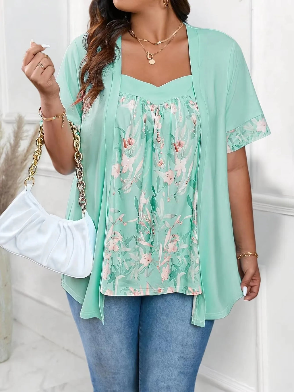 Top Floral 2 en 1 — Col Cou Fendu & Manches Mi-Longues