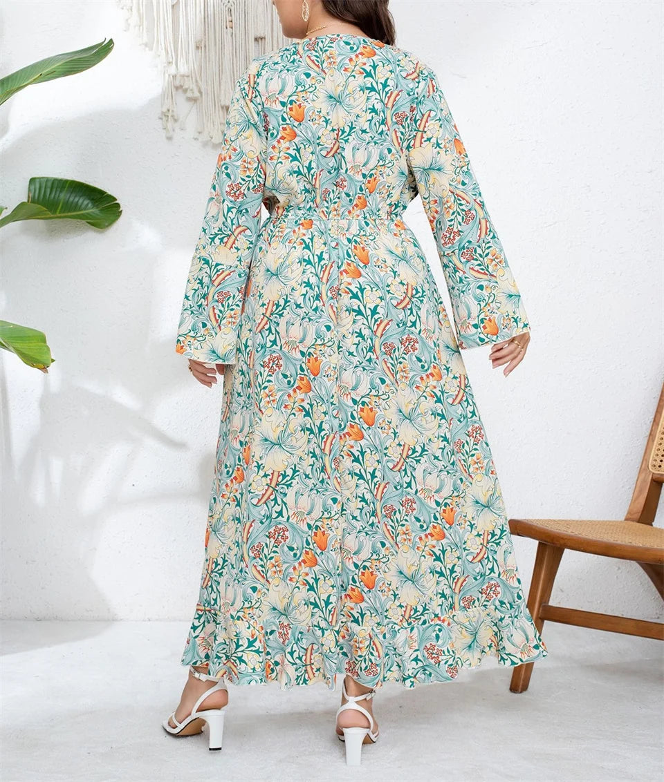 Robe Longue Asymétrique Florale Vert Sauge – Col V & Manches Évasées
