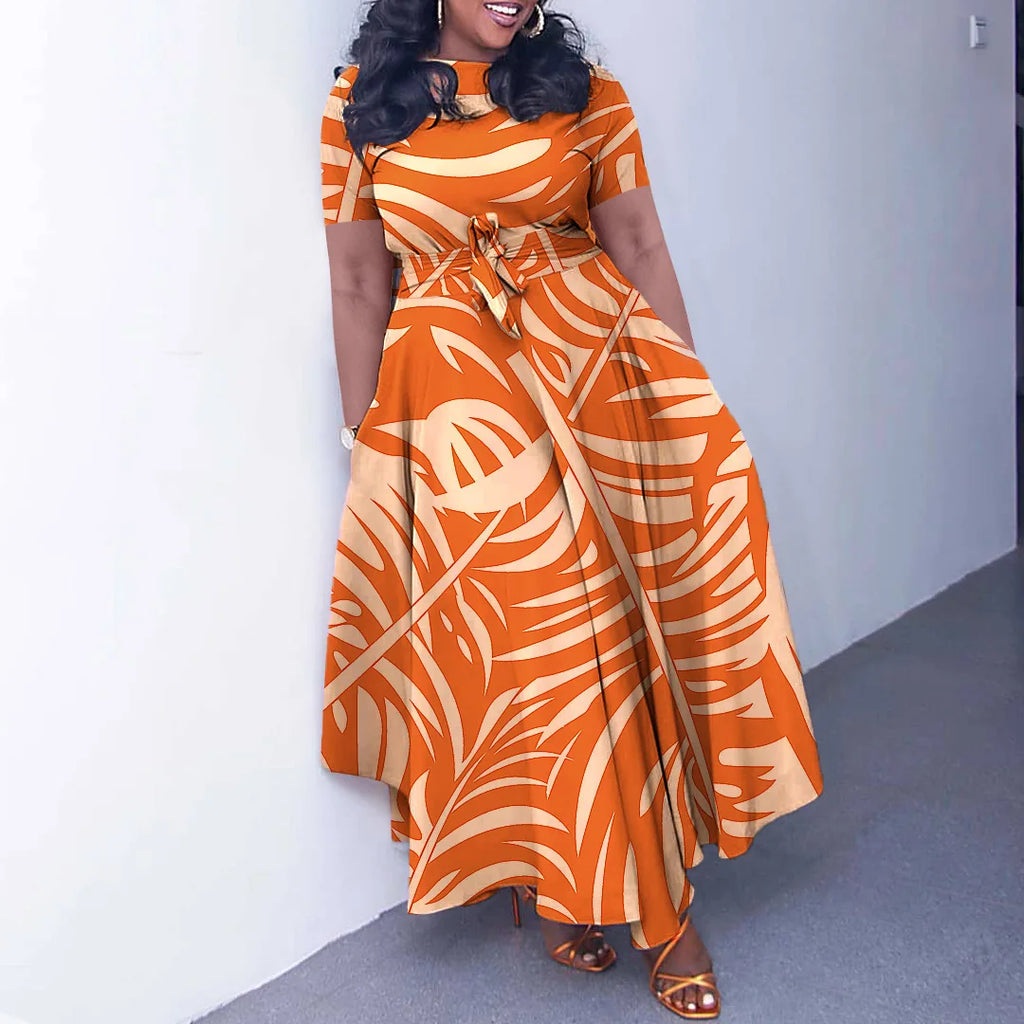 Robe Longue Imprimée — Col Rond, Manches Courtes, Longueur Cheville