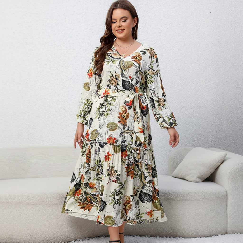 Robe Longue Florale Abricot – Ceinturée, Col V & Manches Longues