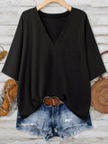T-shirt Ample Col V — Manches Chauve-Souris, Poche Avant, Couleur Unie