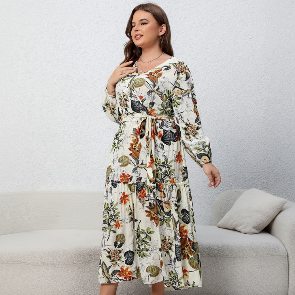 Robe Longue Florale Abricot – Ceinturée, Col V & Manches Longues