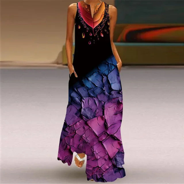 Robe Longue Imprimée Artistique — Col en V, Sans Manches, Poche, Longueur Sol