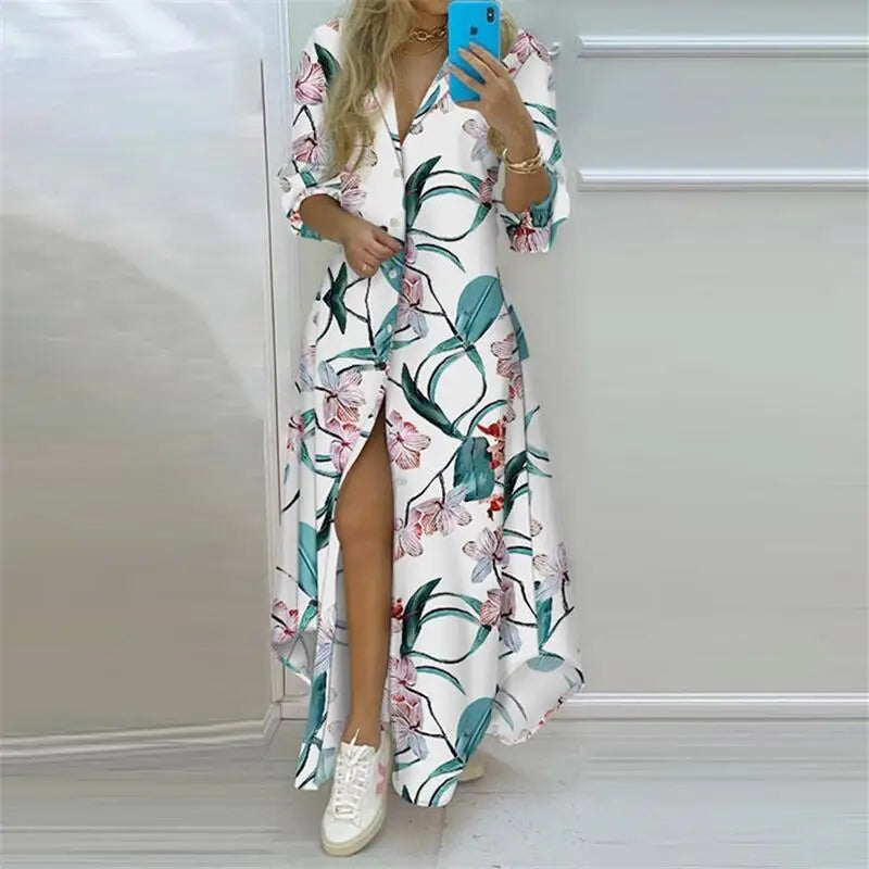 Robe Longue Bohème Imprimée — Col Rabattu, Manches Longues, Longueur Cheville