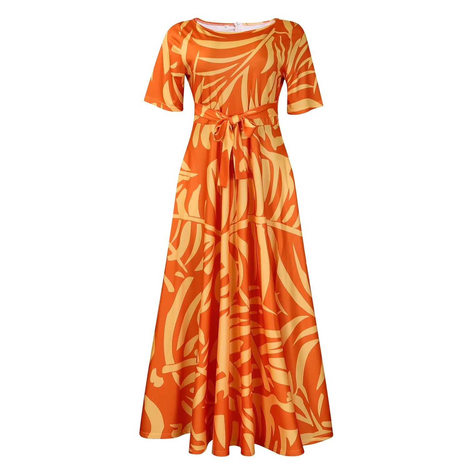 Robe Longue Imprimée avec Ceinture — Col Rond, Manches Courtes, Longueur Cheville