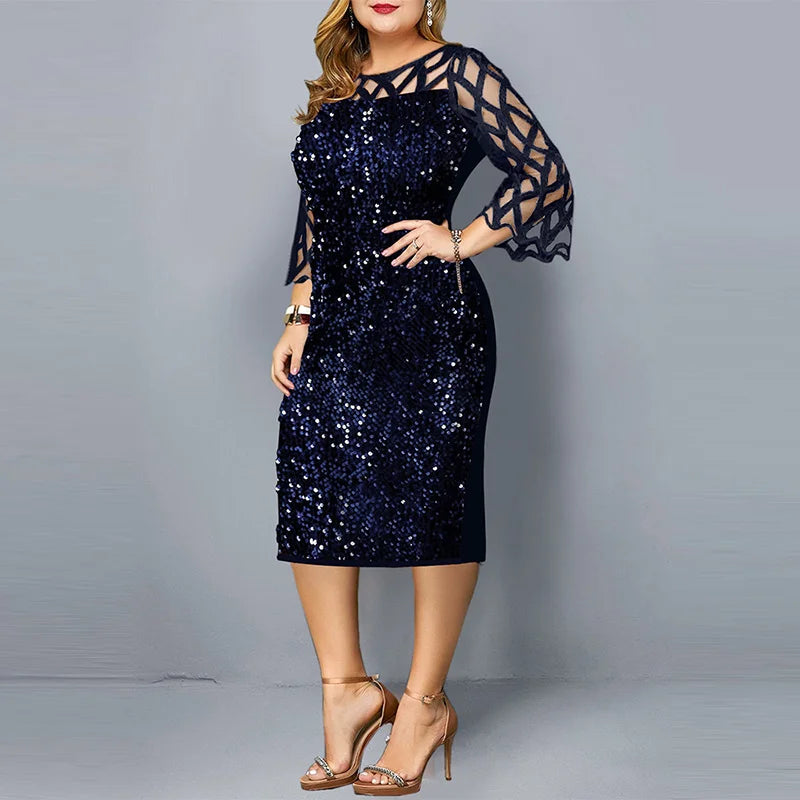 Robe Midi Sequins — Manches Courtes, Silhouette Une Ligne, Style Soirée