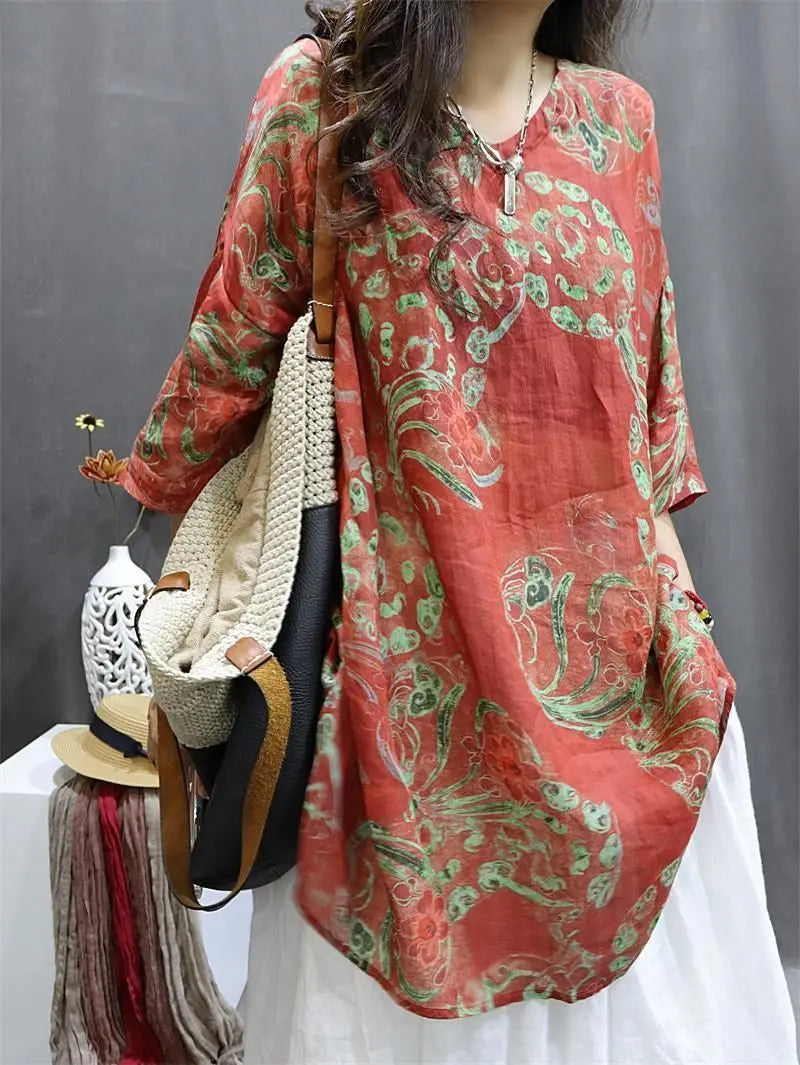 Chemise Mi-Longue Style Chinois — Col Mandarin, Manches Courtes, Imprimé Floral, Coupe Lâche