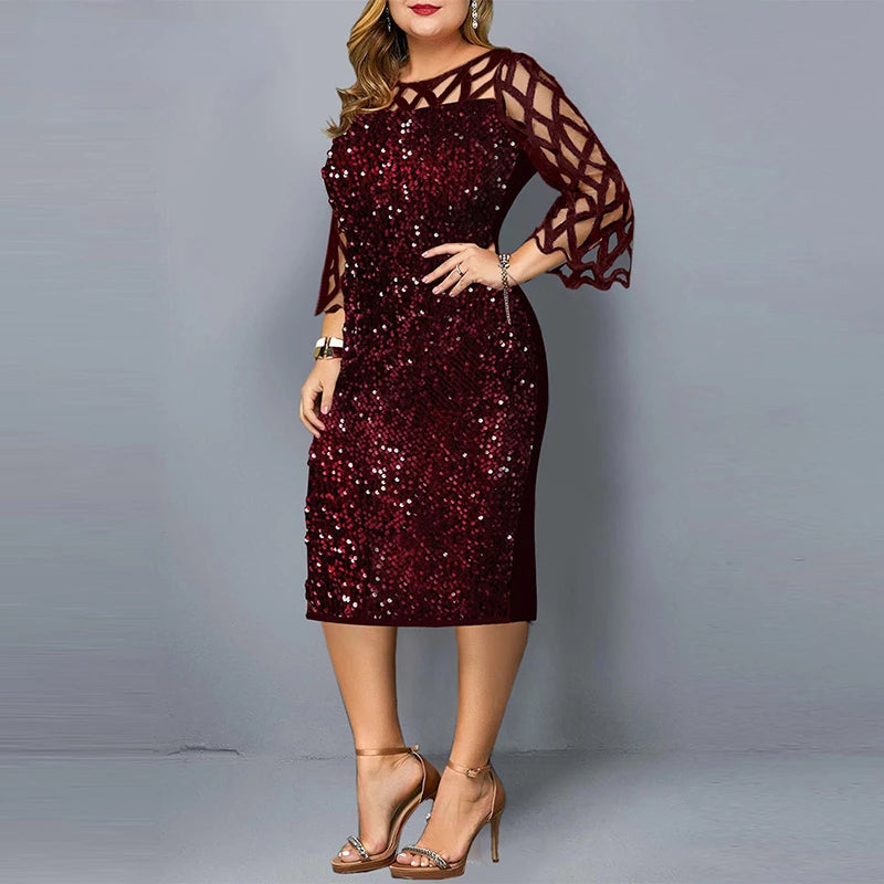 Robe Midi Sequins — Manches Courtes, Silhouette Une Ligne, Style Soirée
